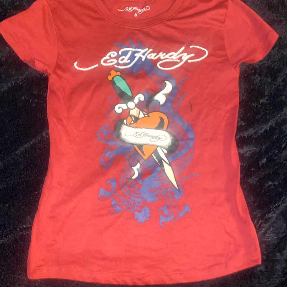 Ed Hardy Red Tee with Heart and Dagger Design